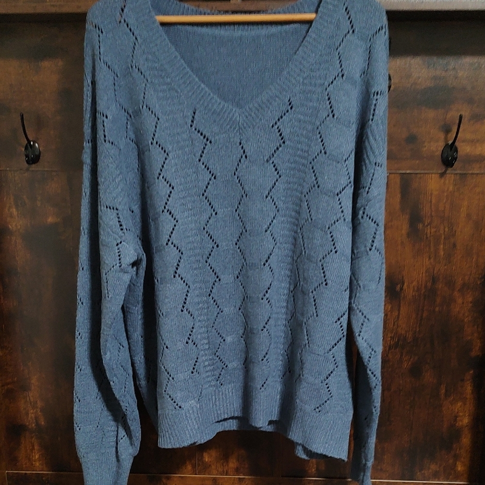 SHEIN Textured Blue V-Neck Sweater